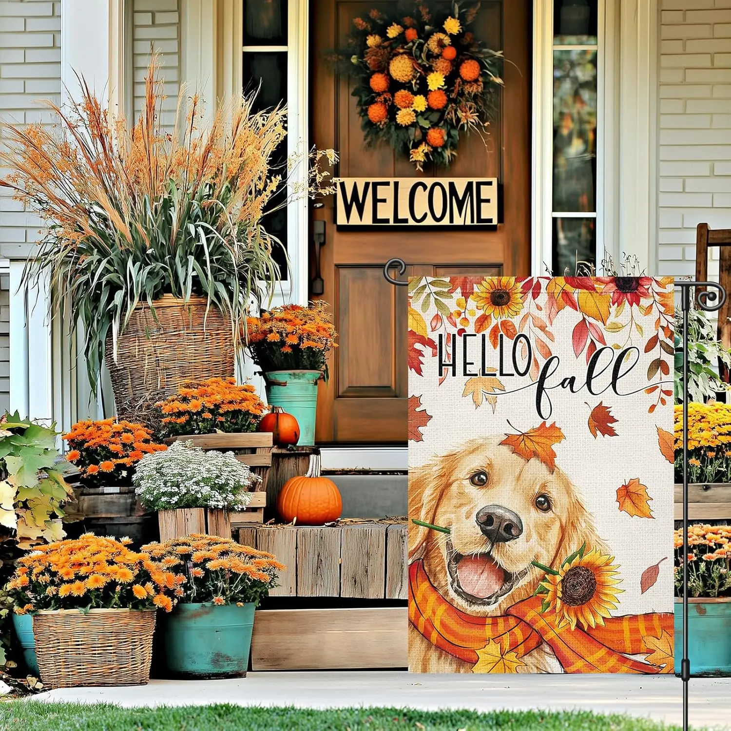 Louise Maelys Hello Fall Garden Flag Golden Retriever Dog Maple Sunflower 12x18 Inch Double Sided Seasonal Autumn Floral Wel EEZ