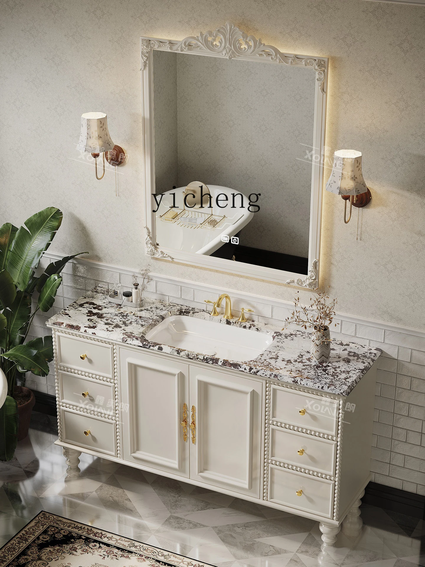 

LX Oak Bathroom Cabinet Set Natural Marble Luxury Stone Wash Basin
