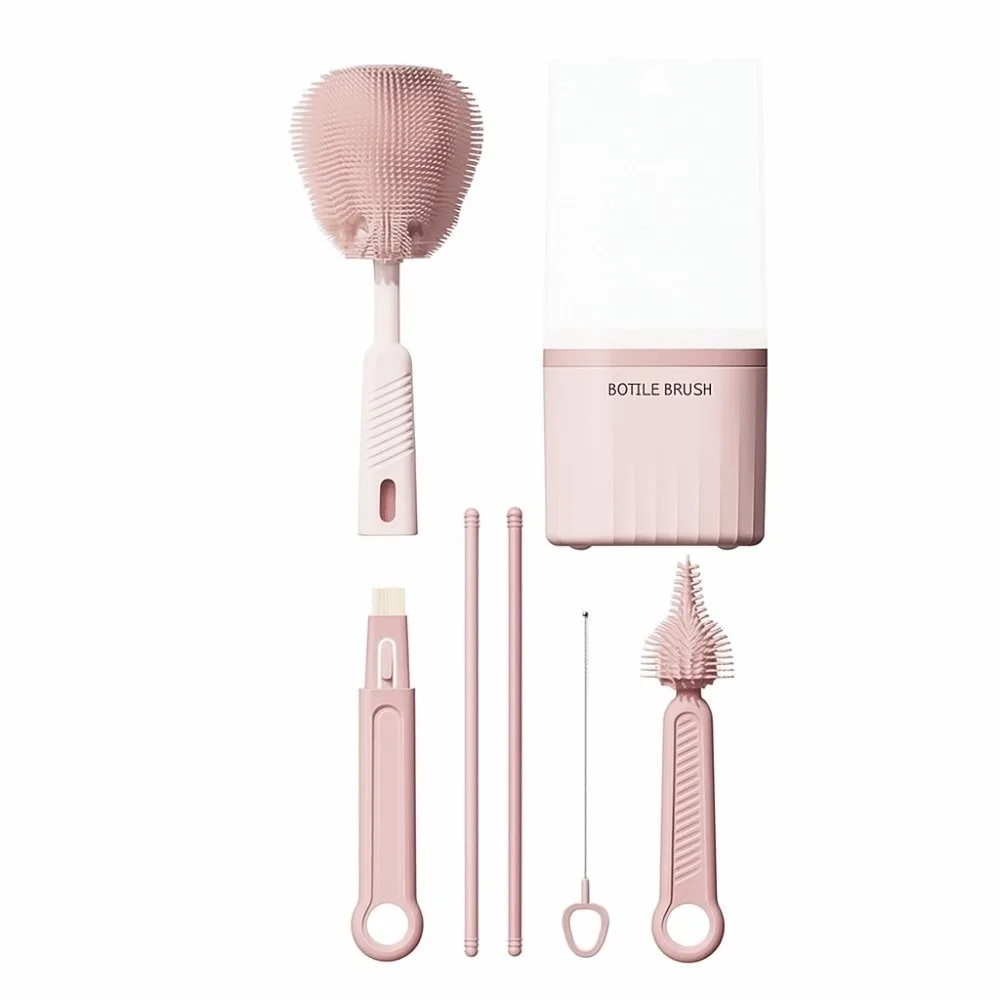 

6pcs/set Multi-functional Milk Bottle Cleaning Brush Set Anti-lost Drain Bracket Baby Nipple Brush Kit Eyedropper Brush Silicone