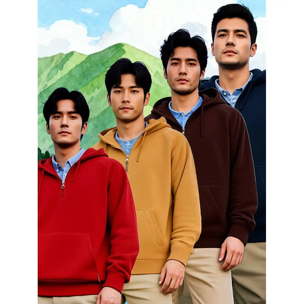 

Four piece men's casual half zip hoodie set with kangaroo pocket, comfortable fleece pullover hoodie suitable for men's daily