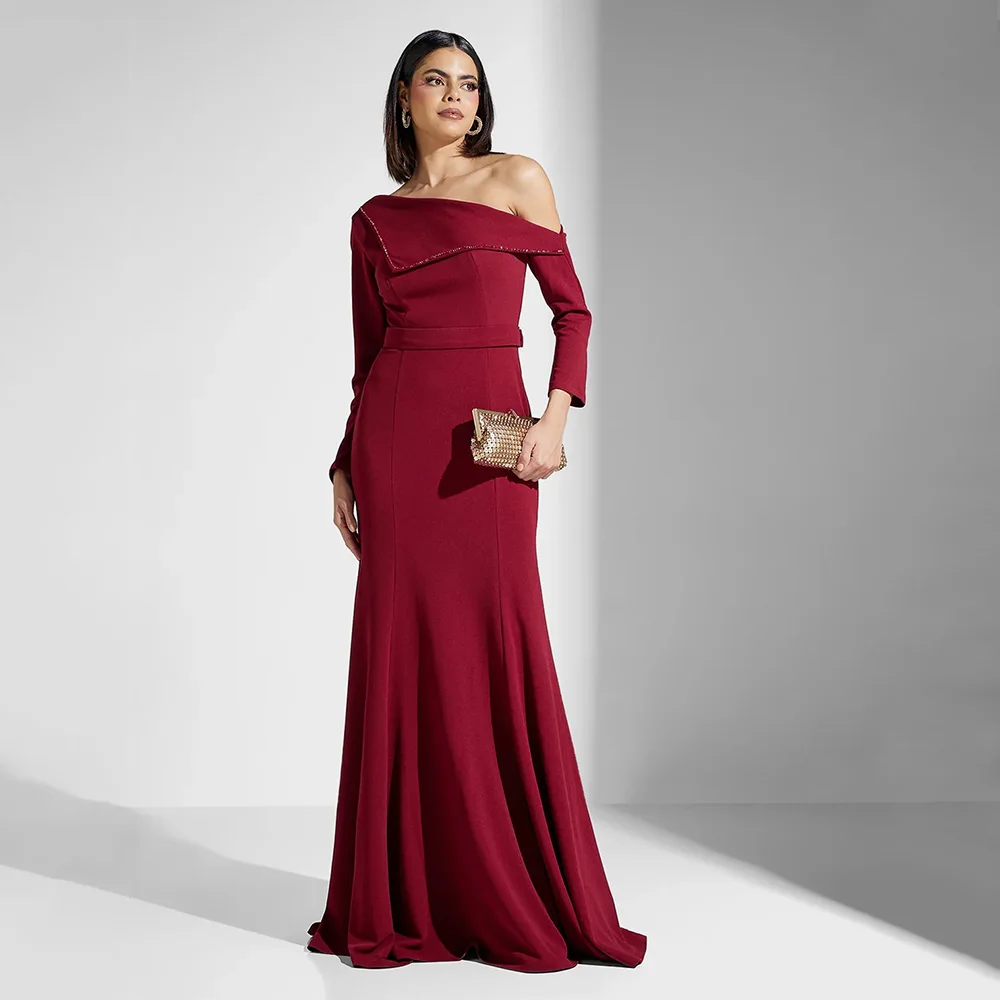 

Elegant Evening Dress Long Sleeves One Shoulder Crystal Mermaid Evening Gowns for Women 2025 Belt Trumpet Burgundy Formal Dress