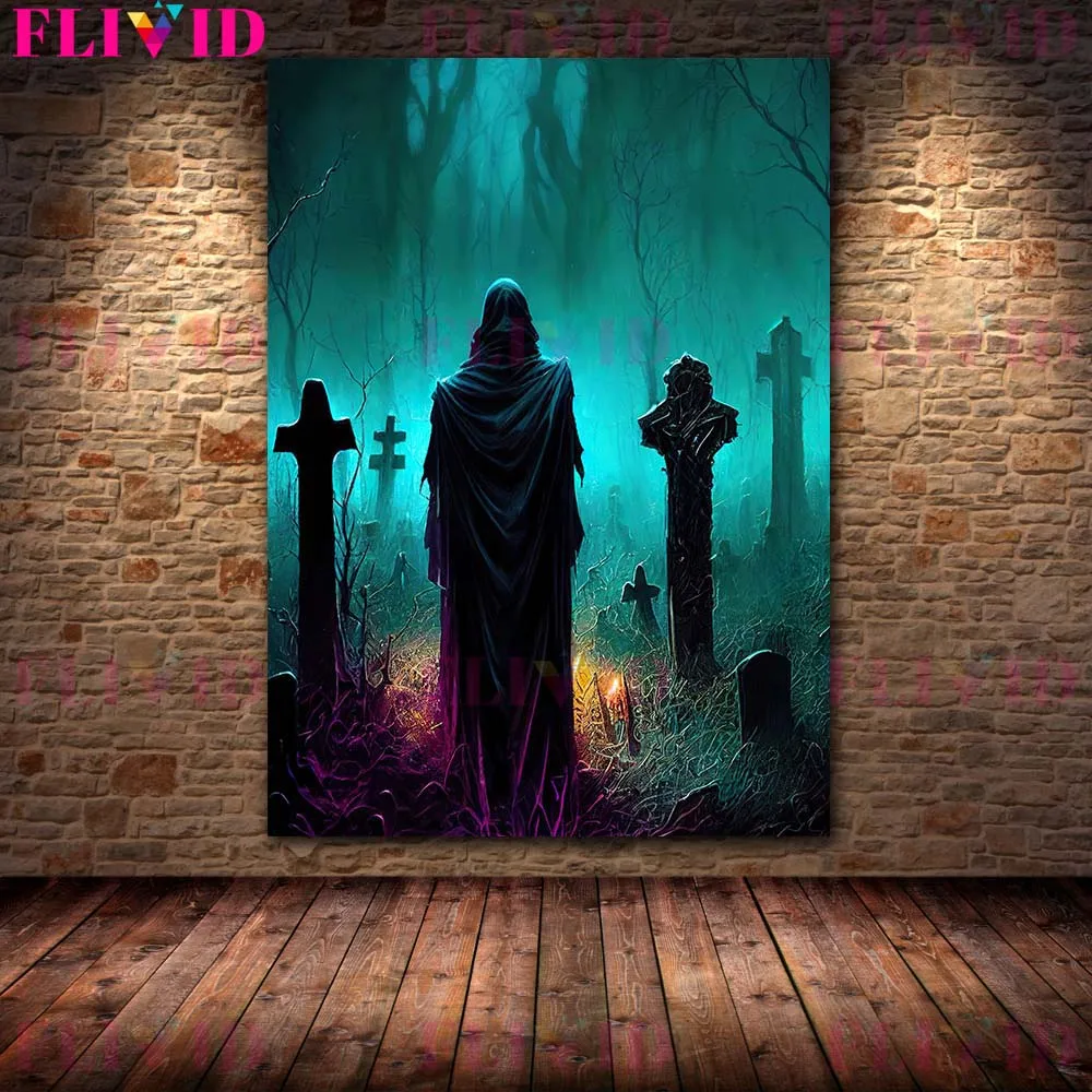 Horrible Forest Witch And Black Robed Wizard Vintage Wall Art Canvas Painting Dark Magic Comes Abstract Art Poster Print Decor