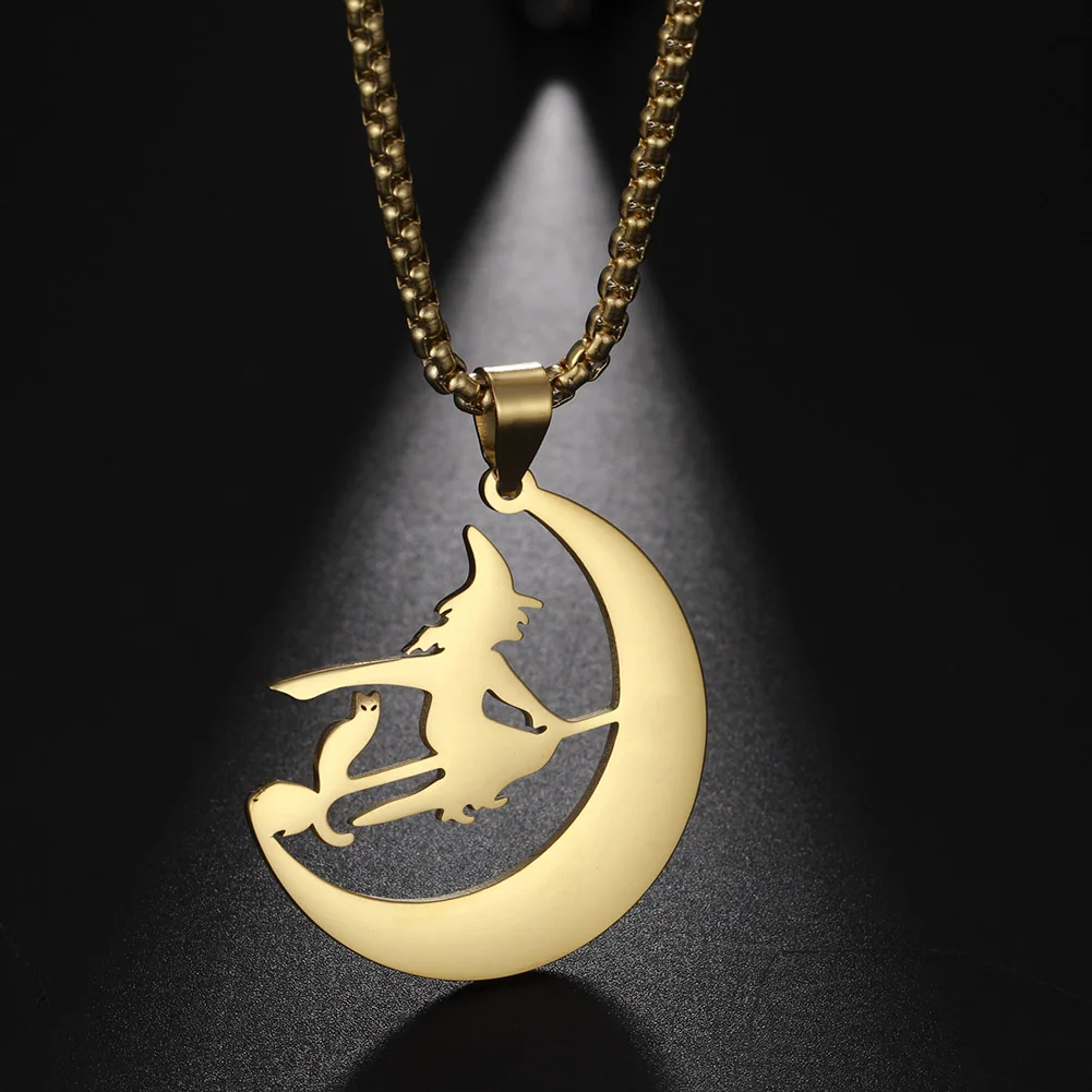 

Amaxer Stainless Steel Necklace Flying Witch Moon Cat Pendants Necklaces For Women Men Choker Collier Jewelry Gift