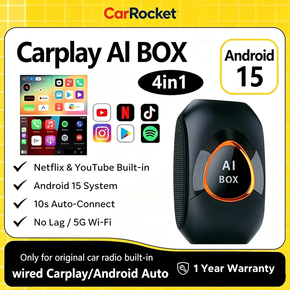 CarRocket CarPlay Video Box CarPlay Ai Box Let Wired CarPlay To Smart Android 15 System Plug And Play Built in Youtube Netflix