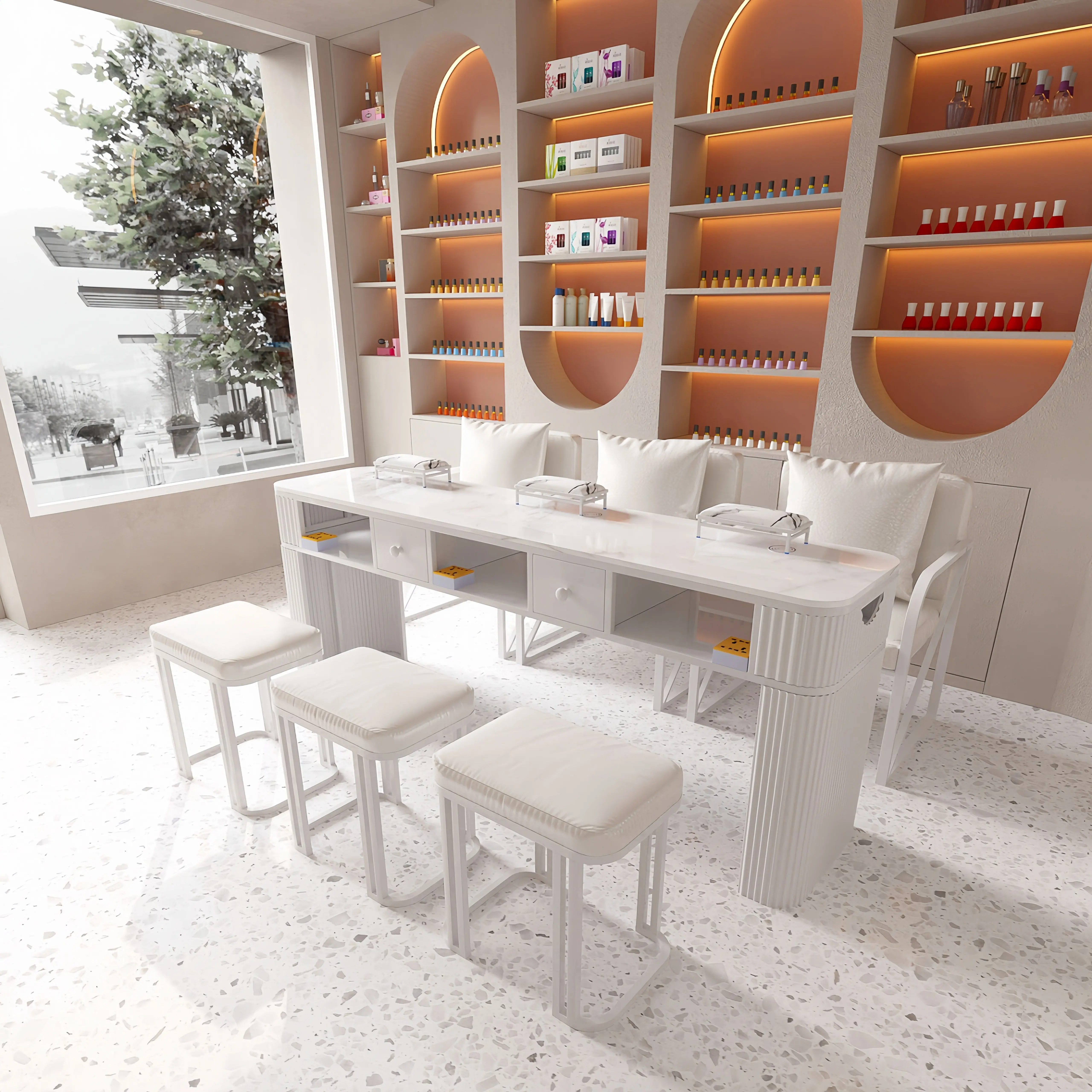 * Salon Furniture Nail Shop Iron Large-Capacity Office Beauty Marble Easy to Clean Nail Table with Vacuum