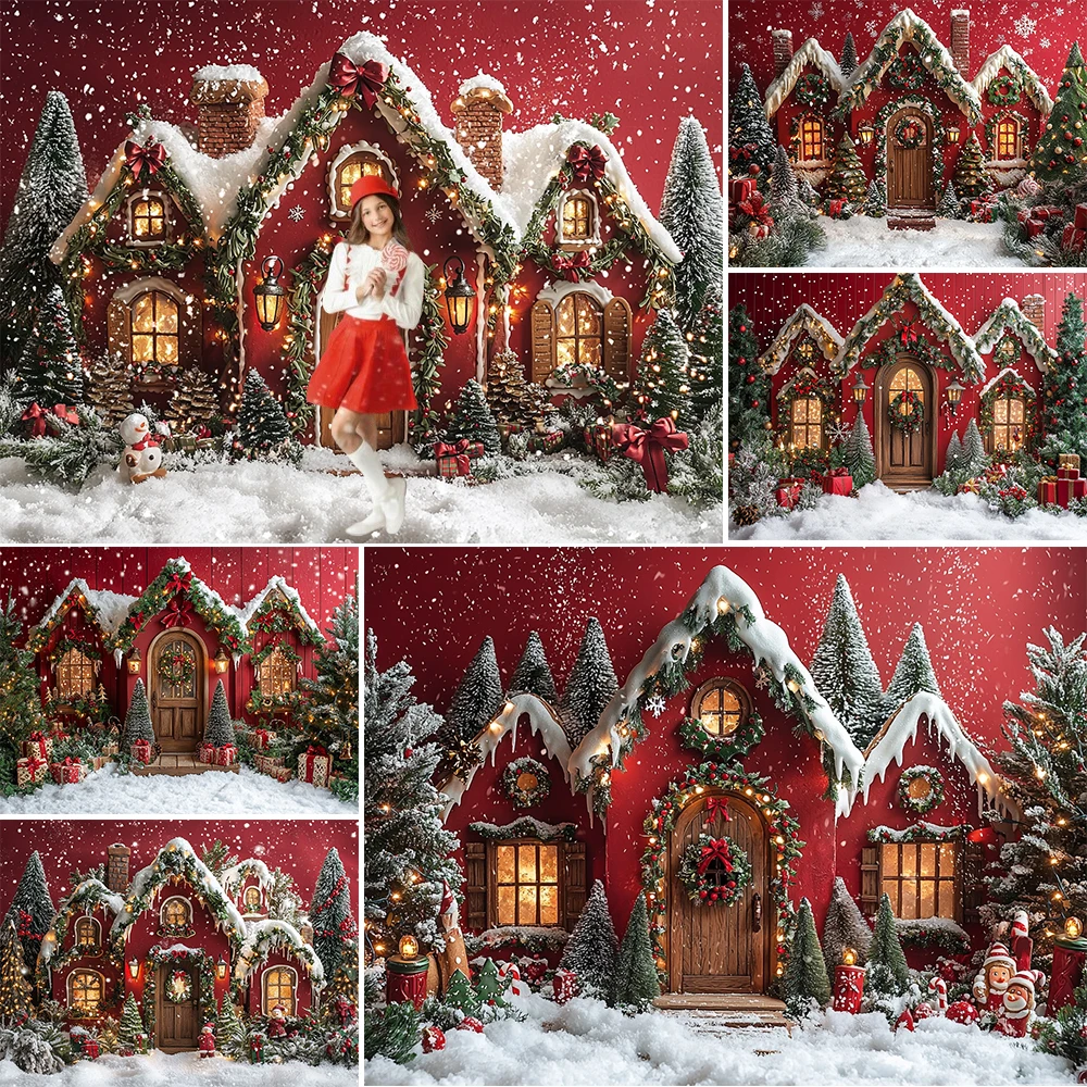 Christmas Photography Background Red Wall Xmas Cabin Holiday Decoration Princess Portrait Photo Backdrops Studio Props Banner