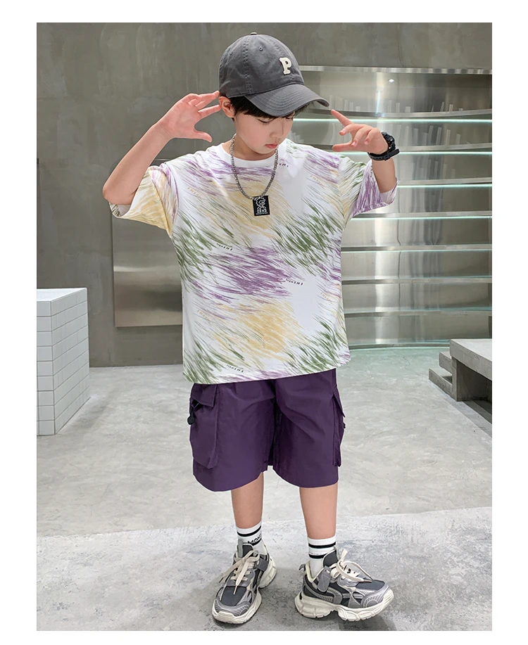 2-teiliges Set für Jungen im Alter von 5-14 Jahren, Teenager-Kinderbekleidung, neuer Sommeranzug für Kinder, Kurzarm-T-Shirt + Shorts, lässiges Street-Outfit. – Detail 5