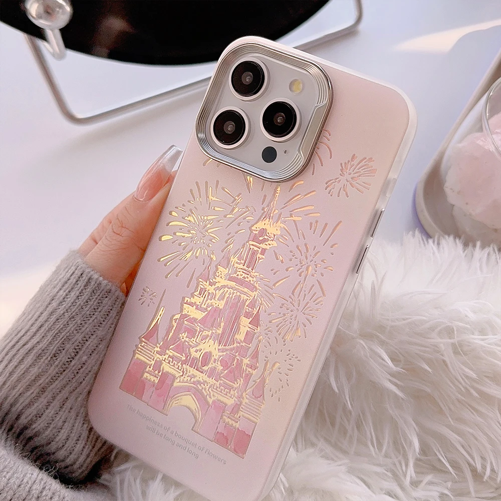 Pink Glitter Castle Phone Case with Lanyard for iPhone 15 14 13 12 Pro Max Plus Princess Fairytale Phone Case Cover