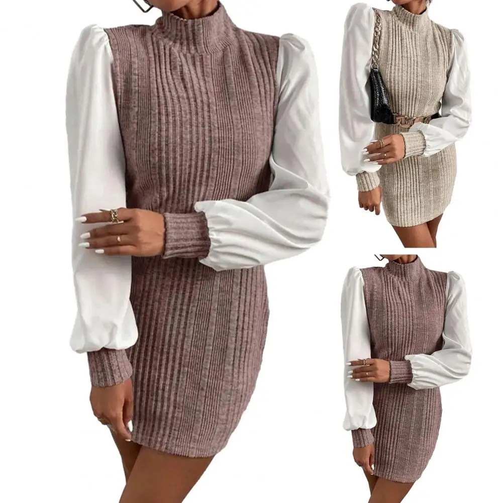 Women Dress Slim Fit Patchwork High Collar Ribbed Sheath Dress Contrast Color Long Sleeve Tight Waist Above Knee Commute Dress