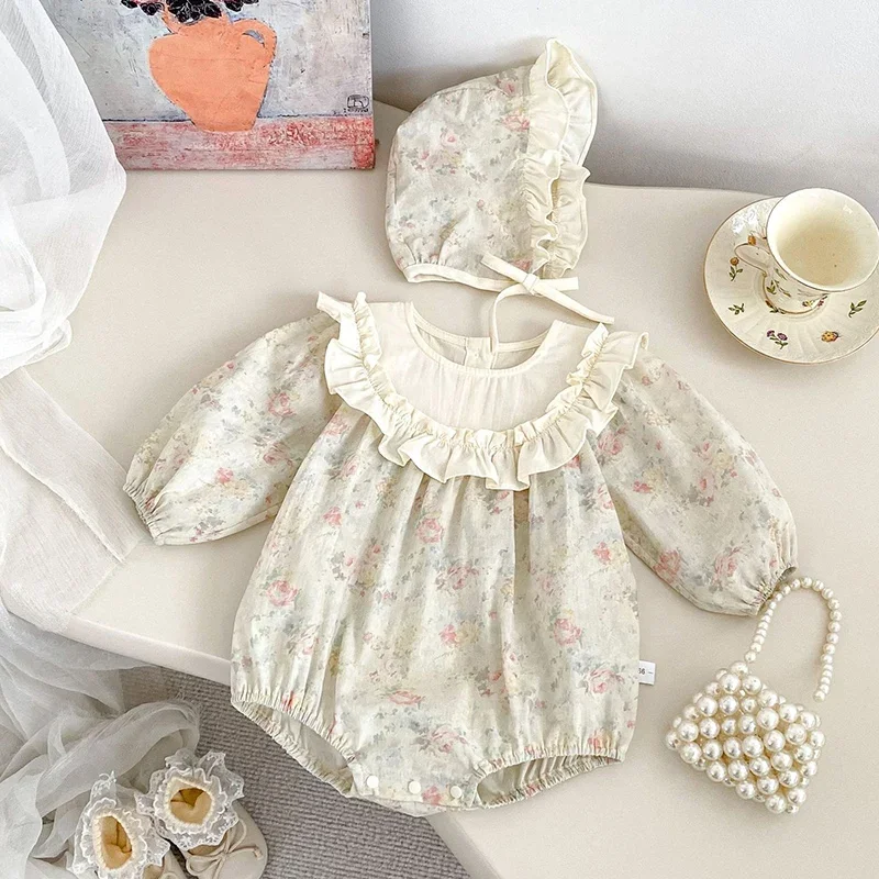 2026 New Spring Toddler Baby Girl Romper+Hat Long Sleeved Cotton Print Infant Baby Girls Jumpsuit 0-24M Baby Girl Clothing
