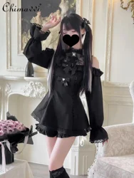 Japanese Mine Mass Production Subculture Short Set Autumn Girl Women's Off Shoulder Long Sleeve Slim Dress Shorts Lolita Outfits