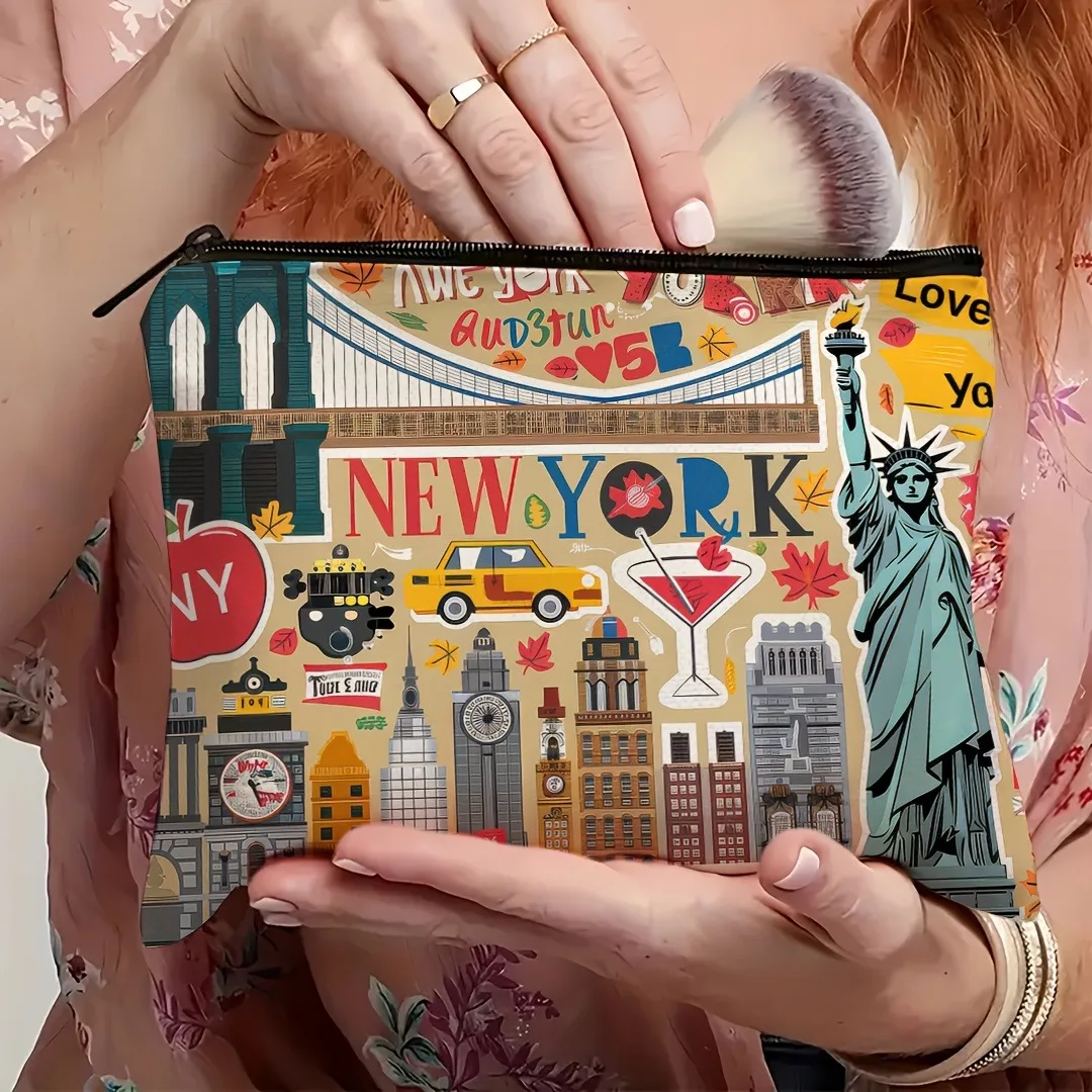 New York City Design Makeup Bag with Iconic Landmarks Compact Travel Cosmetic Pouch for Women Gift for Christmas Storage Bag