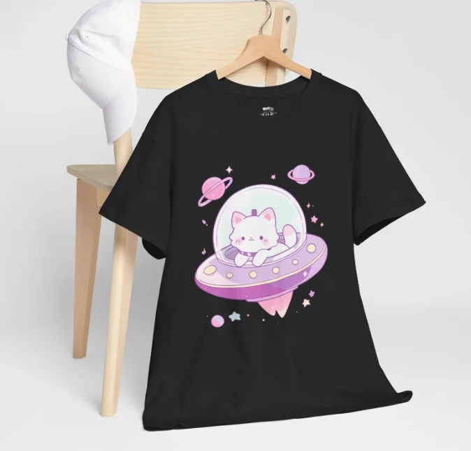 Kawaii Space Cat UFO Graphic T Shirt Cute Cat Galaxy Design Short-sleeved Tee Versatile Aesthetic Pastel Top for Women/Girl Y2k