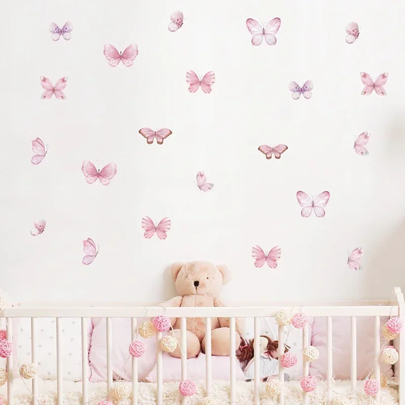 17pcs Watercolor Pink Flying Butterflies Pattern Wall Stickers for Kids Room Decoration Baby Nursery Room Wall Decals Home Decor