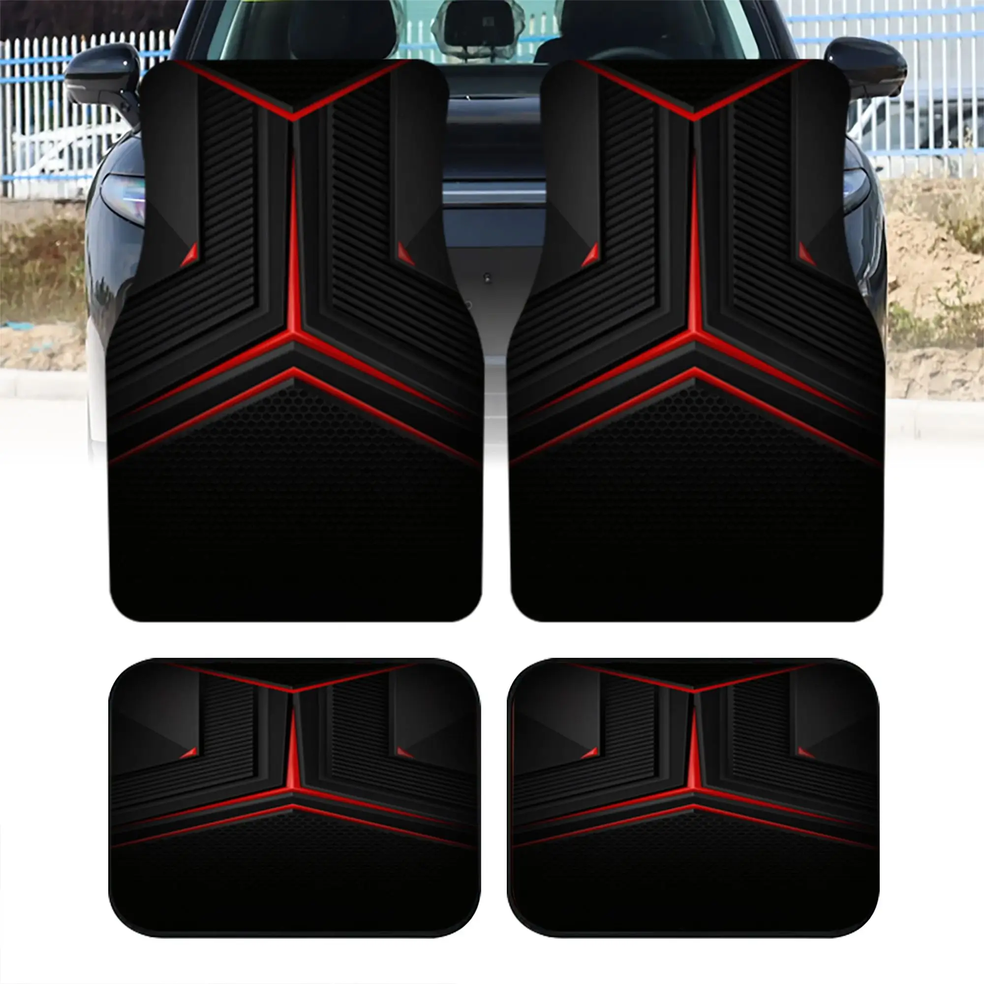 2pcs/4pcs Polyester Fiber Set Car Floor Mats Black And Red Geometric Pattern Print Sporty Design Universal Fit For Most Vehicles