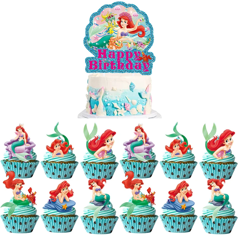 Juego de vajilla de la Sirenita Ariel, decoración de cumpleaños para niña, plato de papel, adorno para pastel, suministros para fiesta de Baby Shower