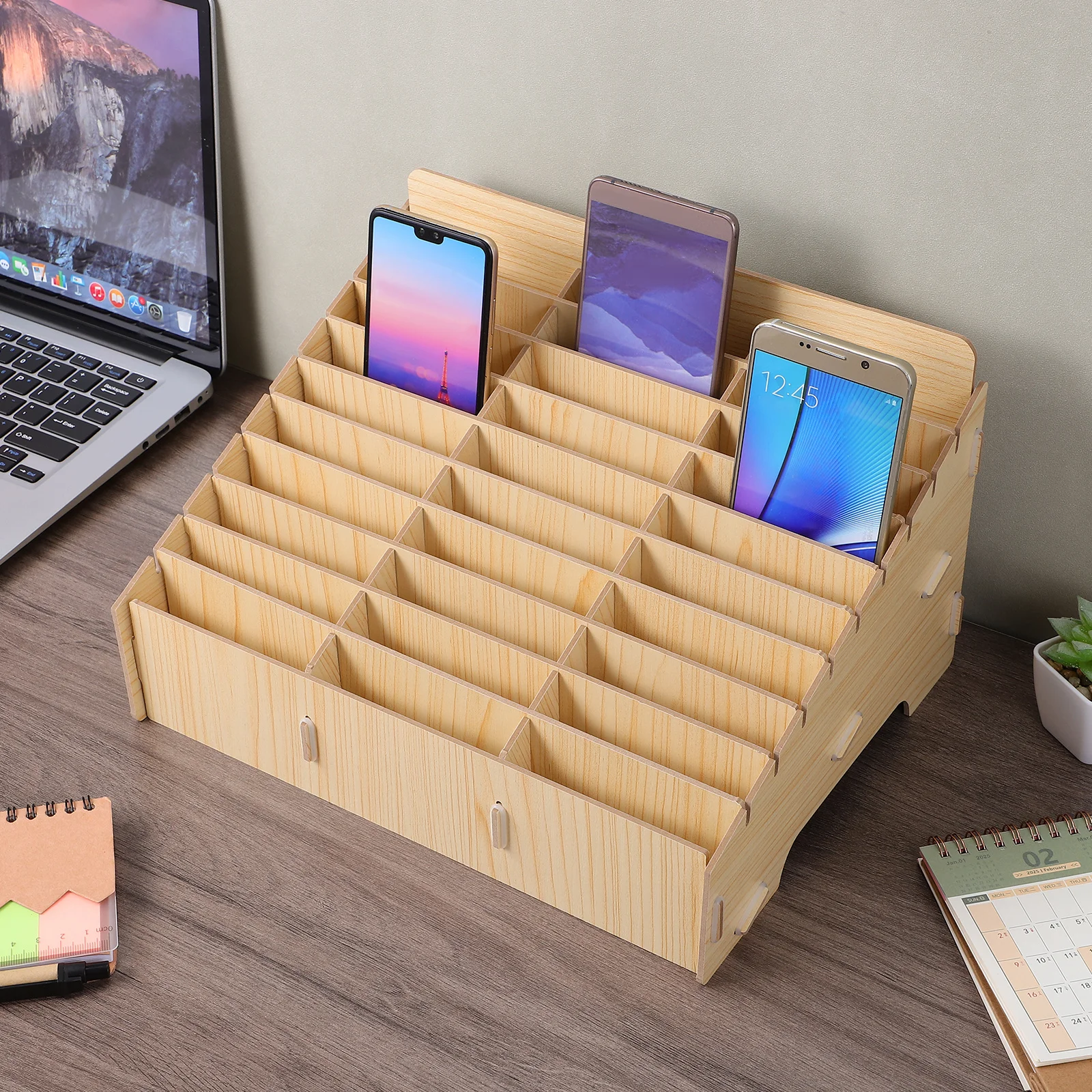 1pc Multi-Grid Classroom Phone Holder Box 30 Grids Wooden Mobile Phone Display Rack For Classroom Meeting Room Organizer