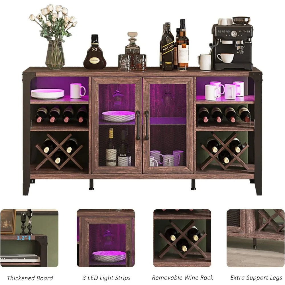 Armário de bar de vinho de 58 "com armazenamento de rack de vinho, armário de álcool com tira de LED, armário de bar de café de fazenda, barra de armário de licor