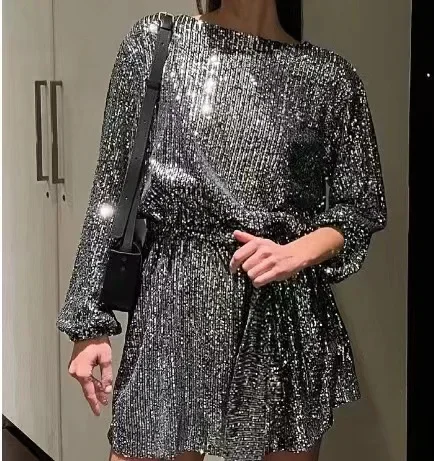 Women Sequined Long Sleeve Solid Color Evening Party Mini Dress O Neck Sexy Club Dress