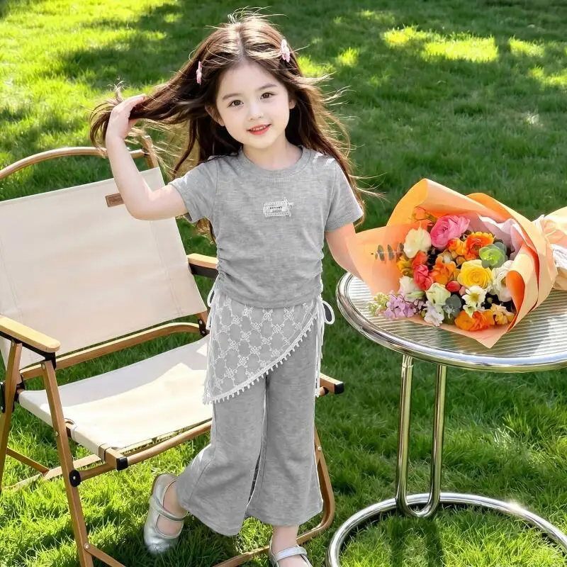 

Summer Girls Mesh Short-Sleeved Boot-Cut Pants Suit Girls New T-Shirt Bow Straight Pants Children's Wide-Leg Pants Two-Piece Set