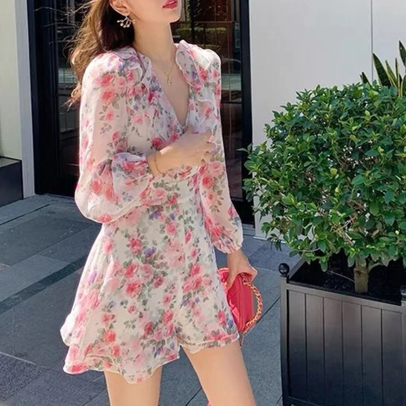 2024 New Spring Summer Sweet Printing V-neck Long Sleeve Floral Dress Femme Cute Ruffles Chiffon Mini Dress Women Clothing Slim