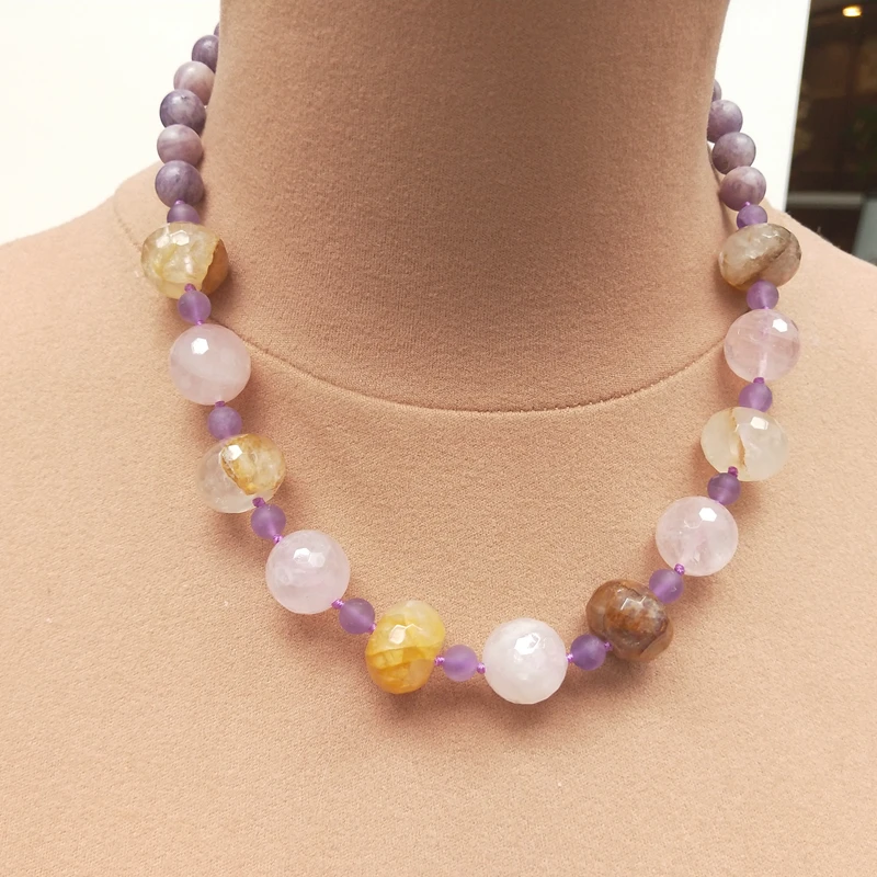 

Lii Ji Real Stone Purple Yellow Pink Choker Necklace Citrine Rose Quartz Lepidolite Women Necklace