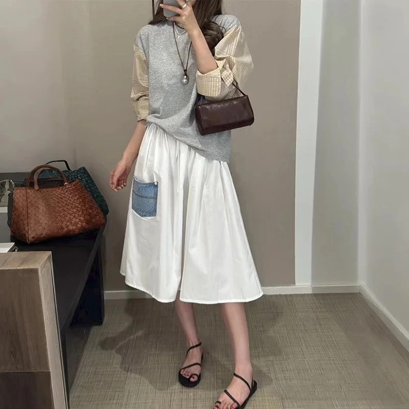 Gima Design Lässiger A-Linien-Rock mit hoher Taille und Dstring, elastischer Taille, langer Rock mit Spleißung für Damen