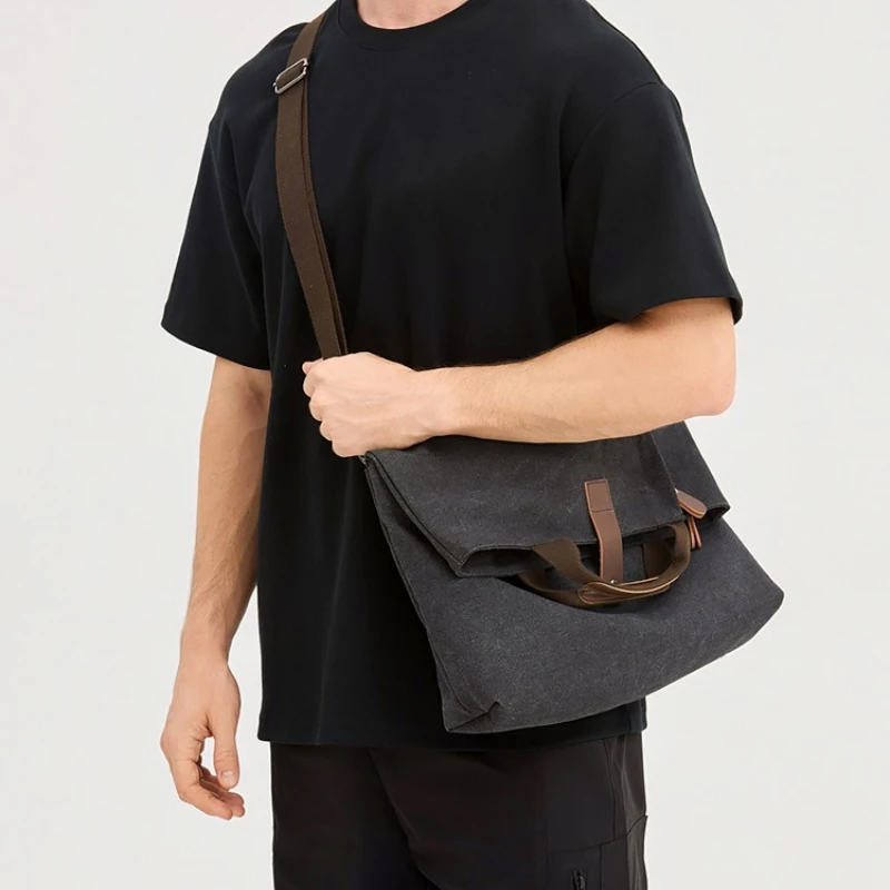 Men Vintage Canvas Crossbody Bag Large Capacity Solid Tote Purse With Adjustable Shoulder Strap Flap Closure Messenger Handbag