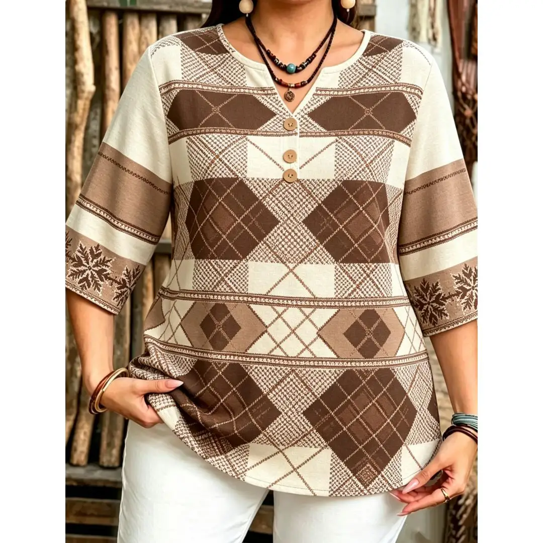 Women 3/4 Notch V Neck Blouse Retro Brown Stripe Plaid Floral Print Linen Texture Casual Daily Top