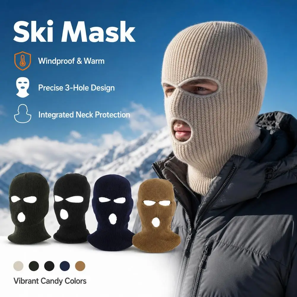 3-Hole Balaclava Ski Mask Winter Knitted Full Face Cover Windproof Thermal Beanie Hat Neck Warmer Outdoor Sports Cap