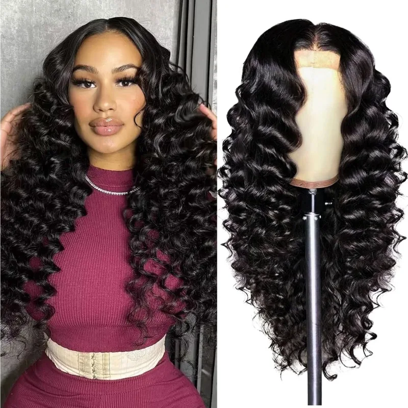 A ladies' long black Deep Wave wig, natural voluminous big waves, lightweight and breathable daily wig
