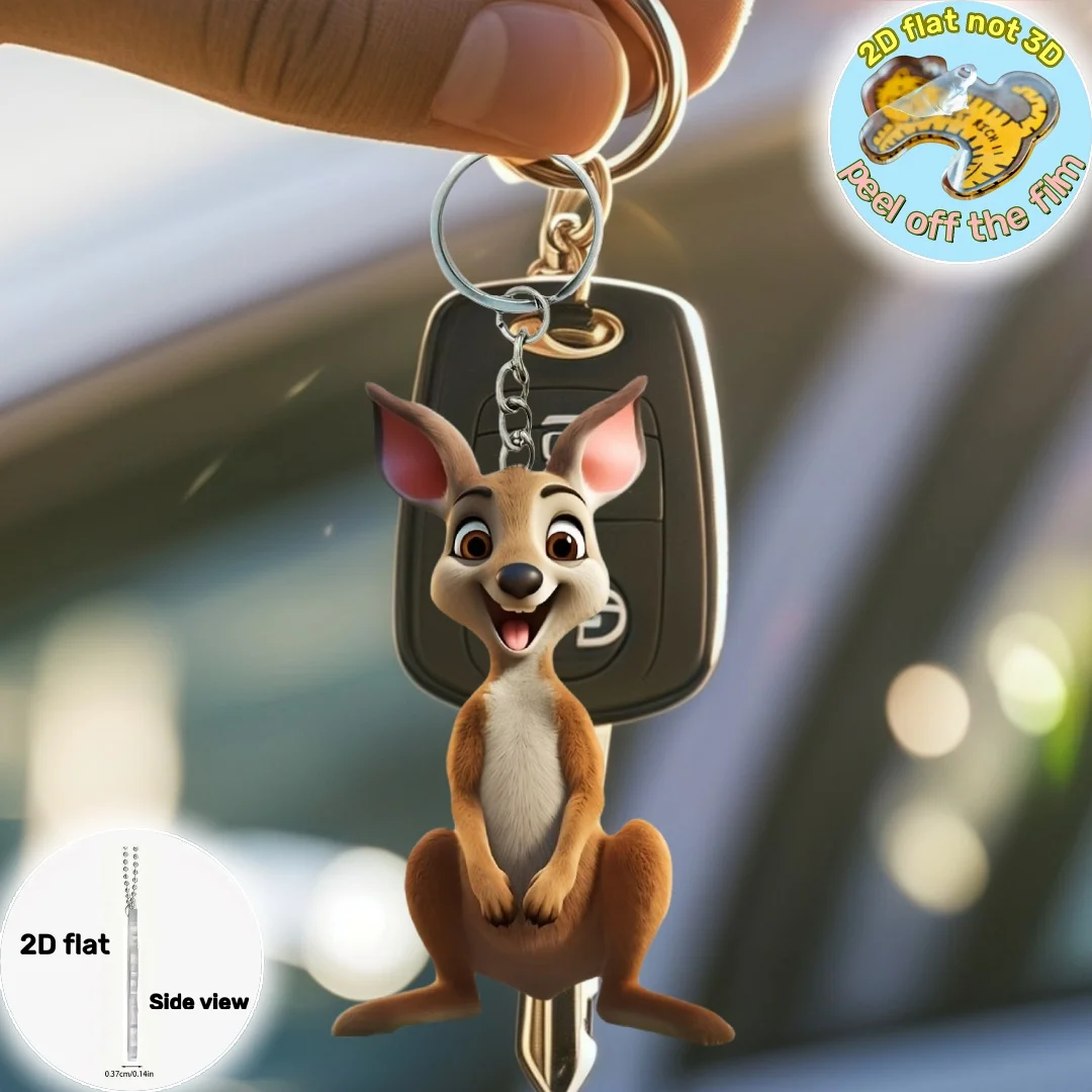 Smiling Kangaroo Pendant Keychain,Cartoon Animals 2D Flat Acrylic Ornament,Hanging Decoration for Car,Bags,Festive,Party,Gift