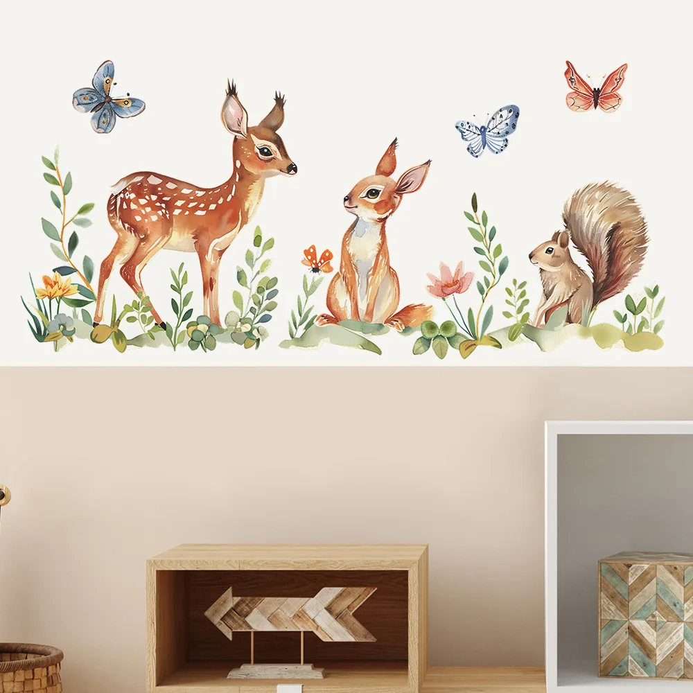 The new cartoon deer squirrel butterfly children's bedroom living room home decoration beautification wall stickers sell well