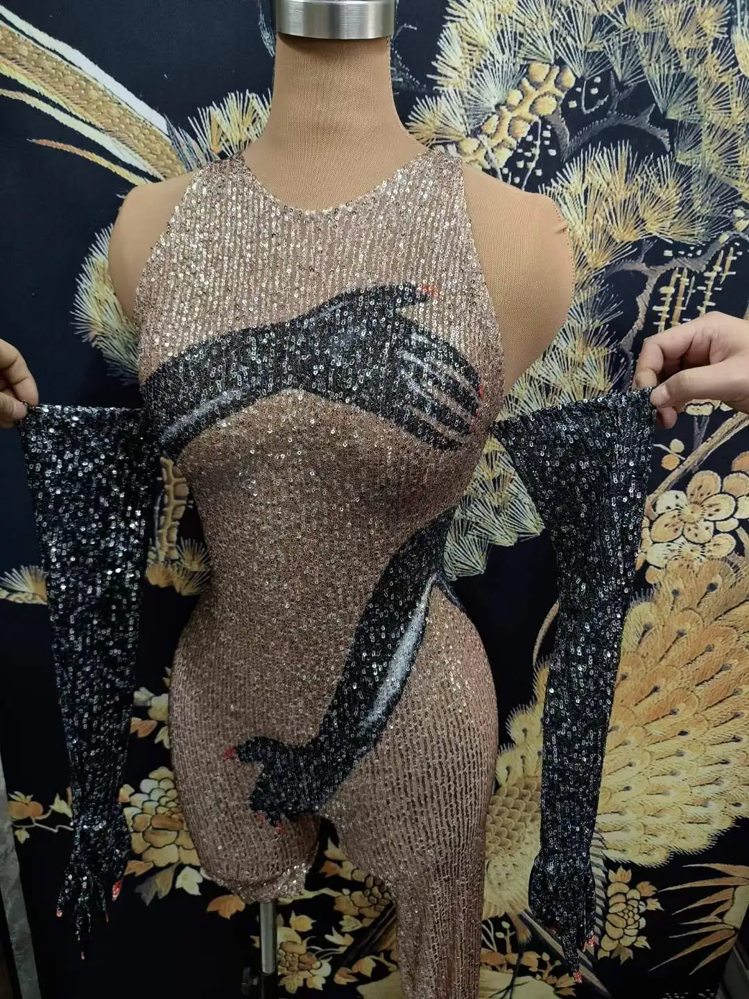 

Women Sequins Sparkly Single Leg Design Night Bar Showgirl Gogo Costumes Jumpsuits With Gloves 2025