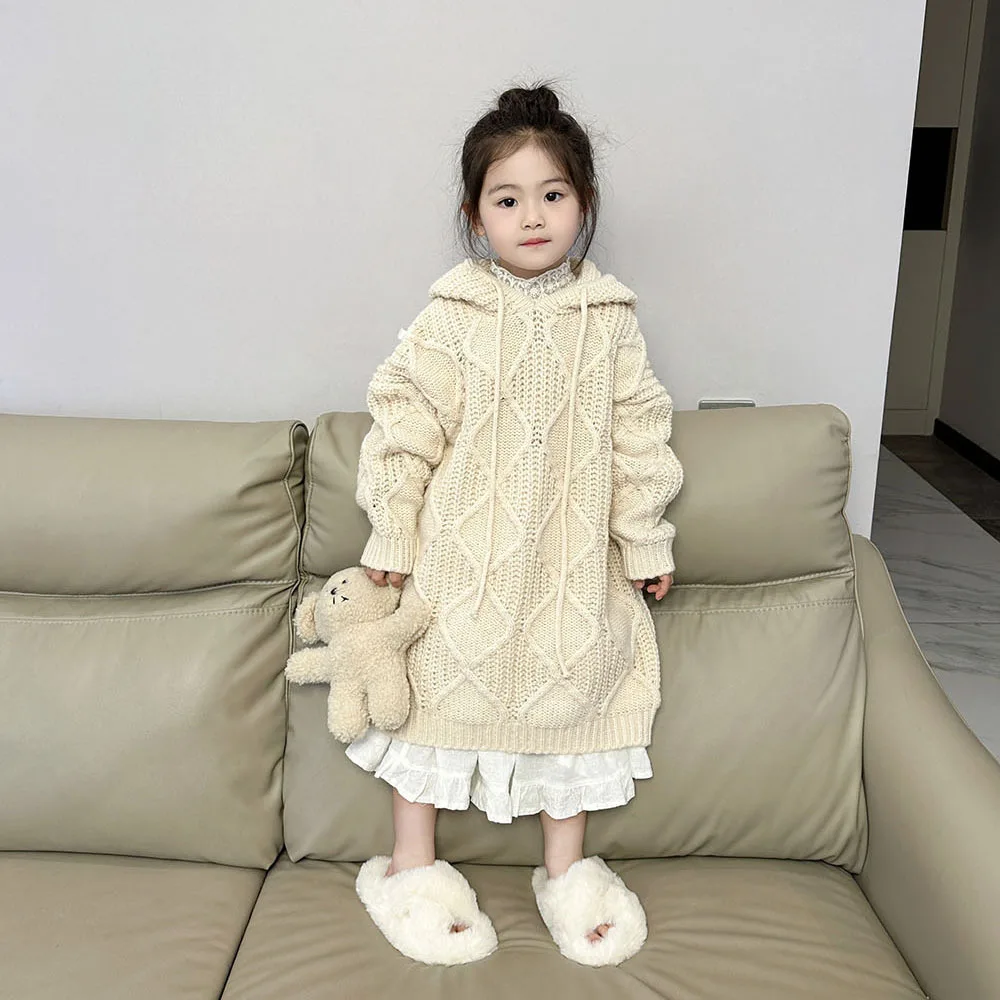 2023 Autumn/Winter New Girls' Long Thick Thread Sweater Hooded Casual Small and Medium Girls' Treasure Knitted Dress