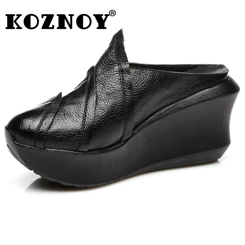 

Koznoy Luxury Sandals 8cm Natural Cow Genuine Leather Slippers Elegance Summer Ethnic Women Platform Wedge Leisure Novelty Shoes