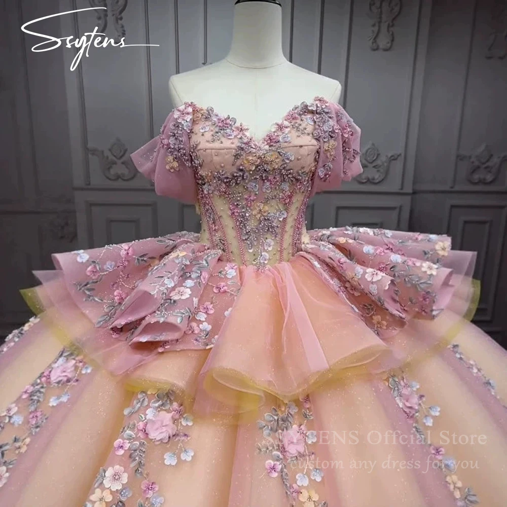 SSYTENS Glittering Baby Pink Quinceanera Dresses Luxury Lace Flowers Vestidos De 15 Anos quinceañeras Party Princess Prom Gown