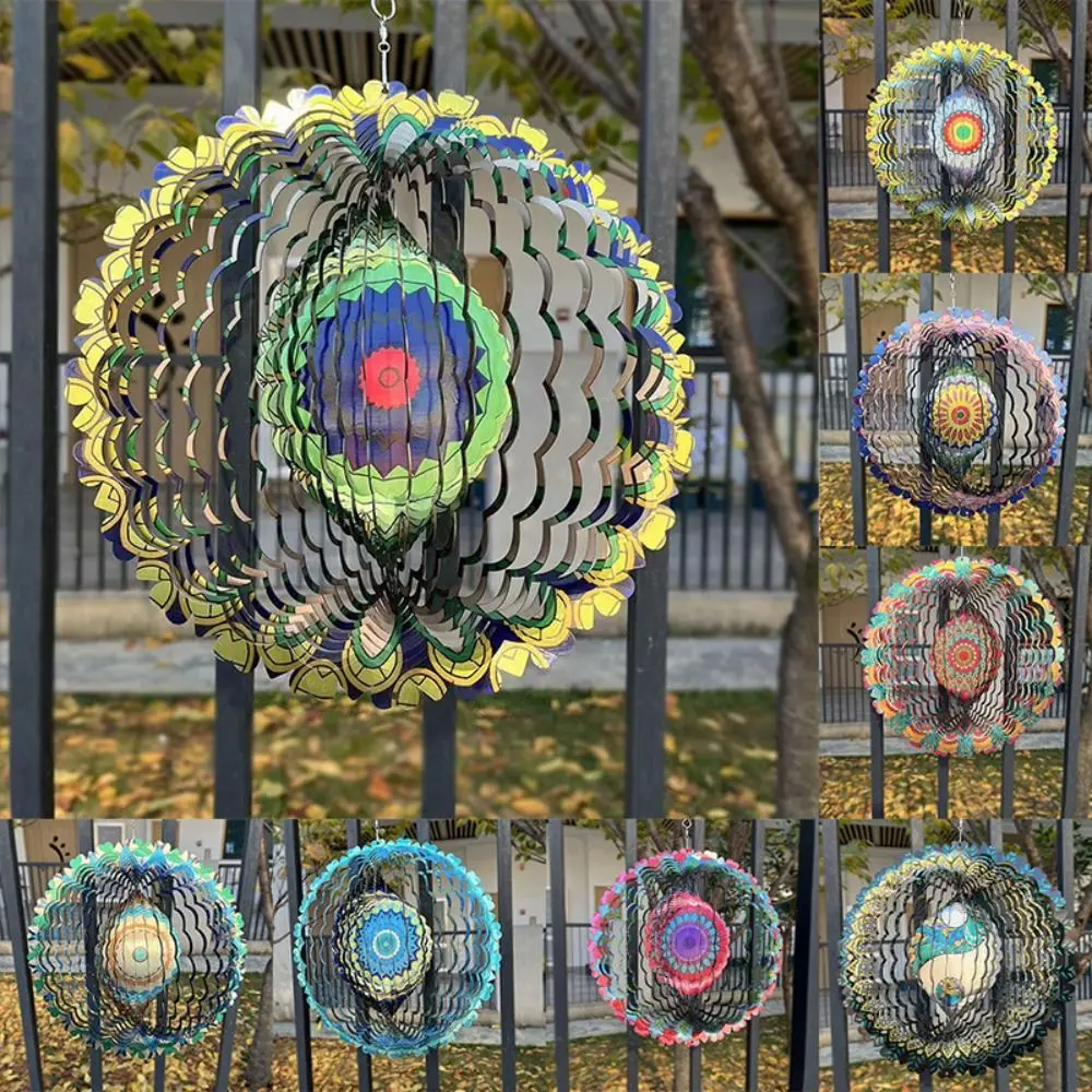 Creative Iron Rotating Wind Chime Garden Pendant Mandala Pattern 3D Color Wind Chime Home Decor Art Windmill