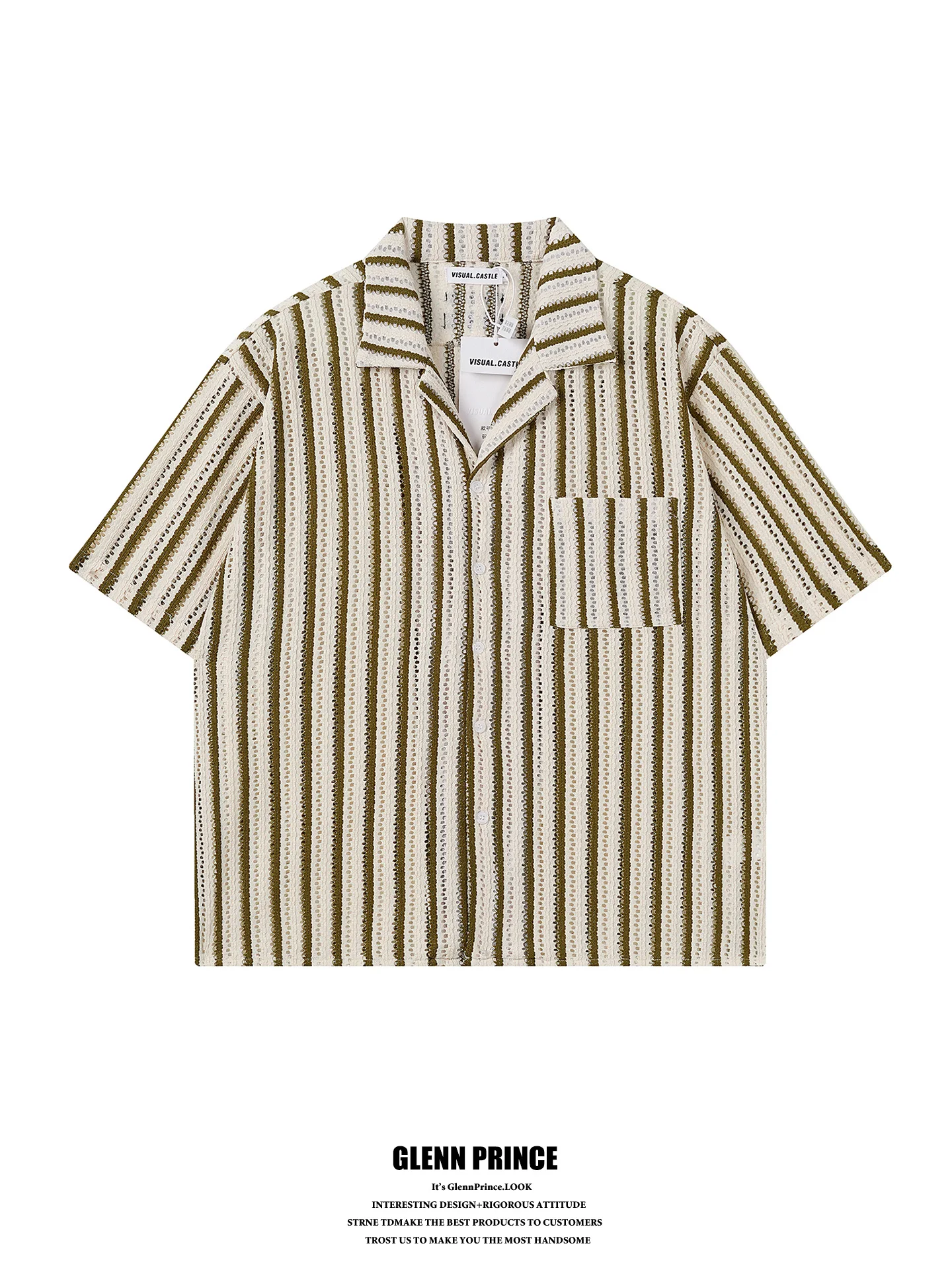 

GPstudio Men's Retro Cuban Collar Shirt Hollow out Stripe Short Sleeve Breathable Summer Commute Cool Feeling Casual Shirt