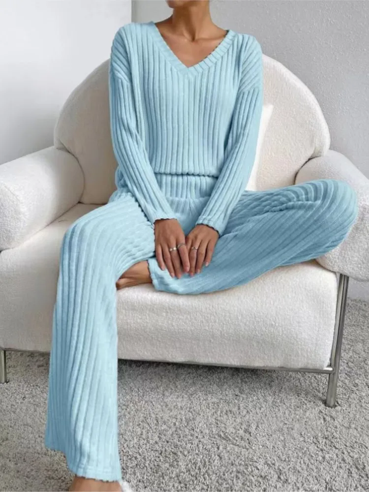 Autumn Women Pajamas V-Neck Pullover + Trousers 2Pieces Sets Comfortable Solid Color Sexy Casual Fashion Pit Stripe Knitted Suit