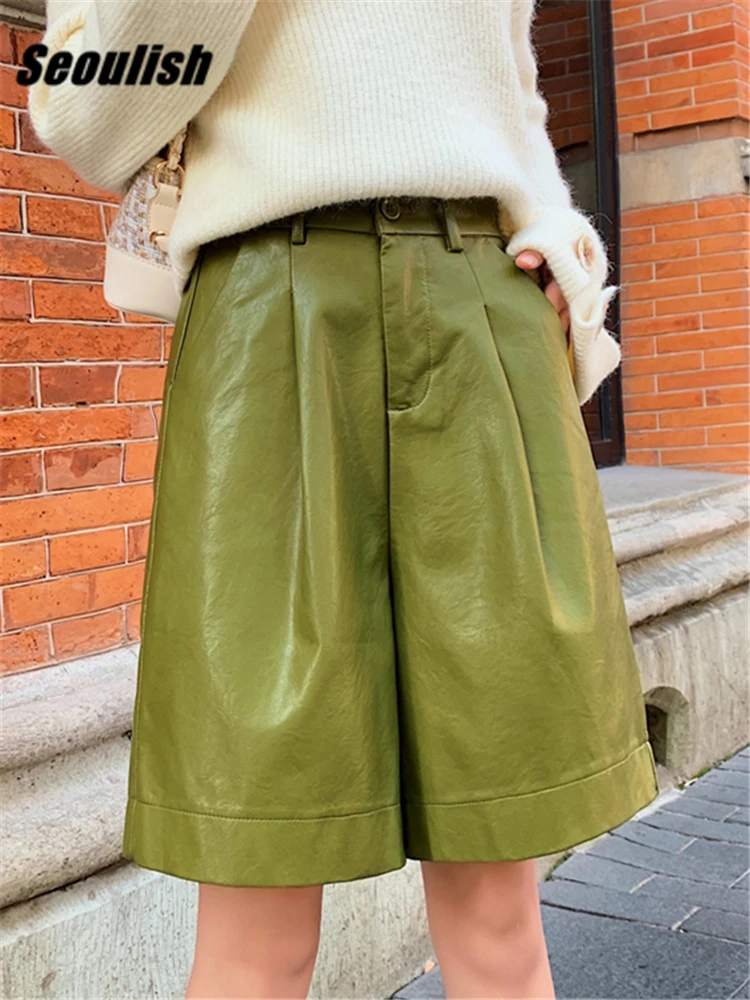 

Seoulish Green PU Leather Women's Shorts New 2022 Autumn Winter High Waist Wide Leg Pants Elegant Female Solid Trousers Pocket