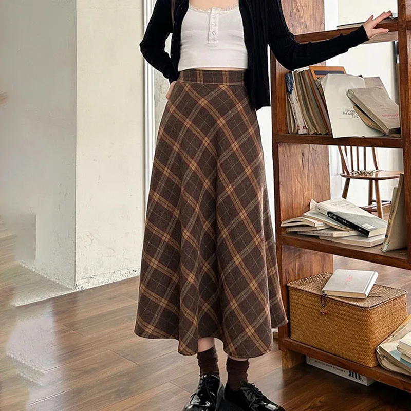 

Maillard твидовые клетчатые юбки до половины тела с высокой талией для женщин, осень-зима, свободные женские юбки трапециевидной формы в британском стиле с высокой талией