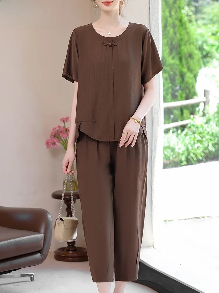 

Женский комплект из хлопка и льна: топ и брюки, короткий рукав, круглый вырез, базовый цвет, модный свободный крой, на все сезоны