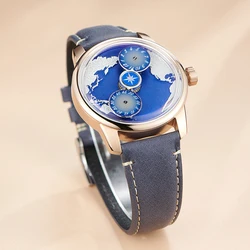 OBLVLO Top Brand Rose Gold Earth DIal Automatic Men Watch Analog Blue NIghtlight Leather Strap Mechanical Watches Rejos JM-EARTH