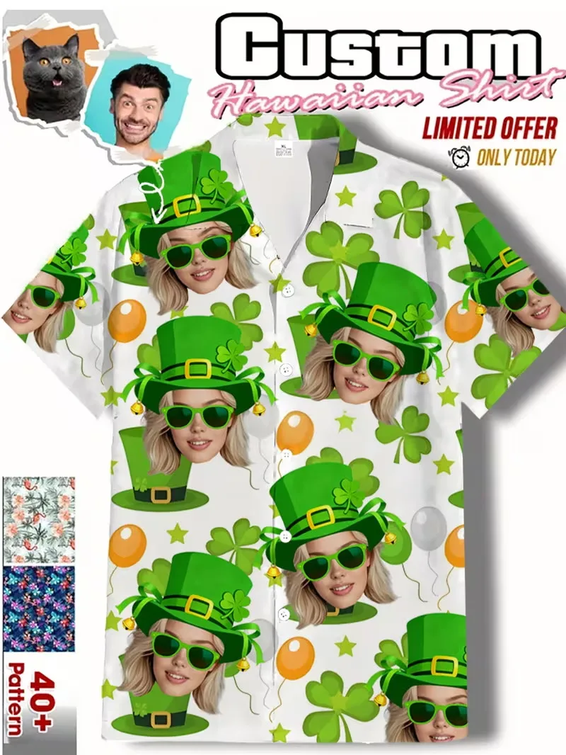

Мужские повседневные рубашки с коротким рукавом и пуговицами, пляжные рубашки с индивидуальным фото, укороченные рубашки в стиле алоха с клевером на День Святого Патрика