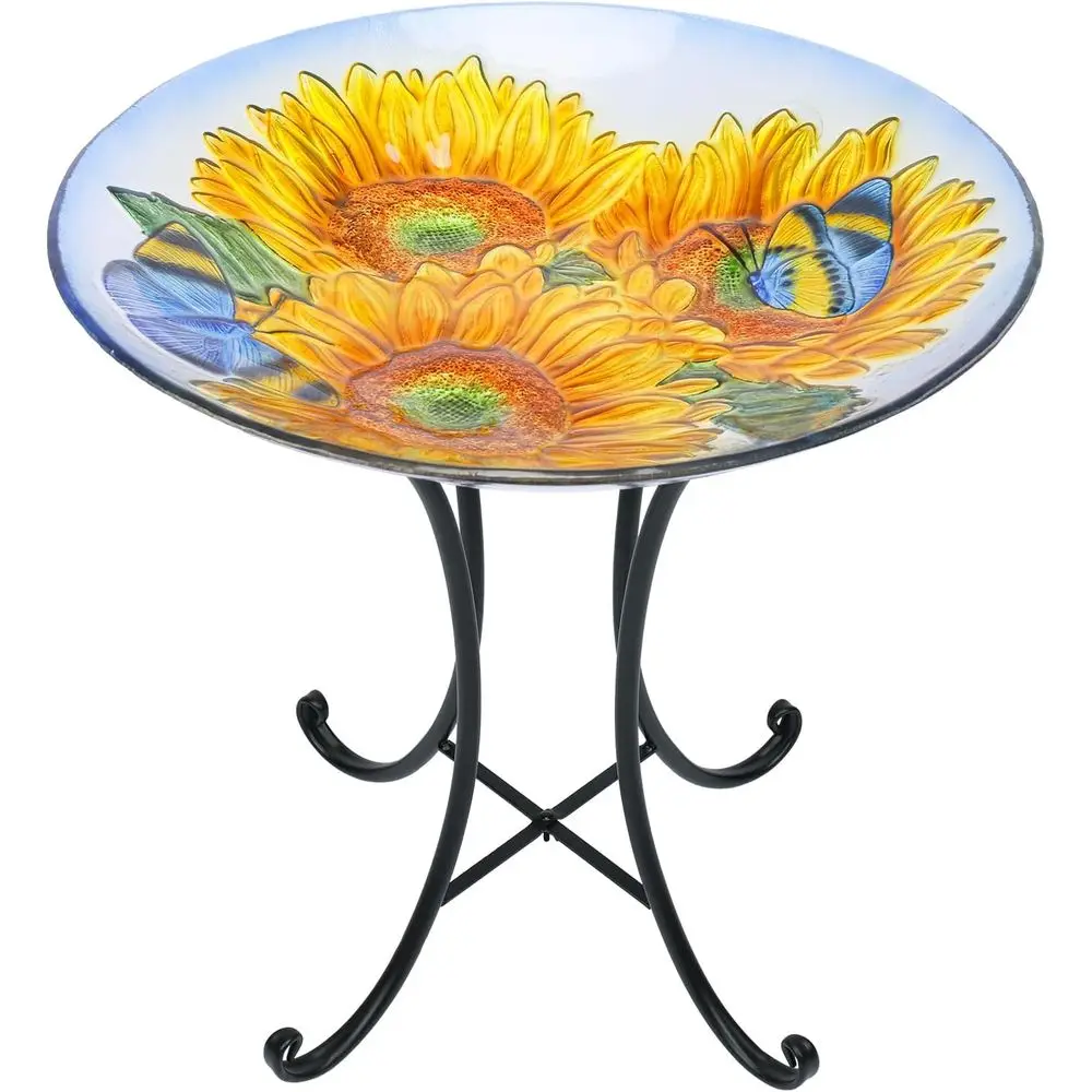 Outdoor Glass Birdbath with Metal Stand | 18 inch Diameter 21.65 inch Height Bird Bath Lawn Yard Garden Decoration, Large Birdba