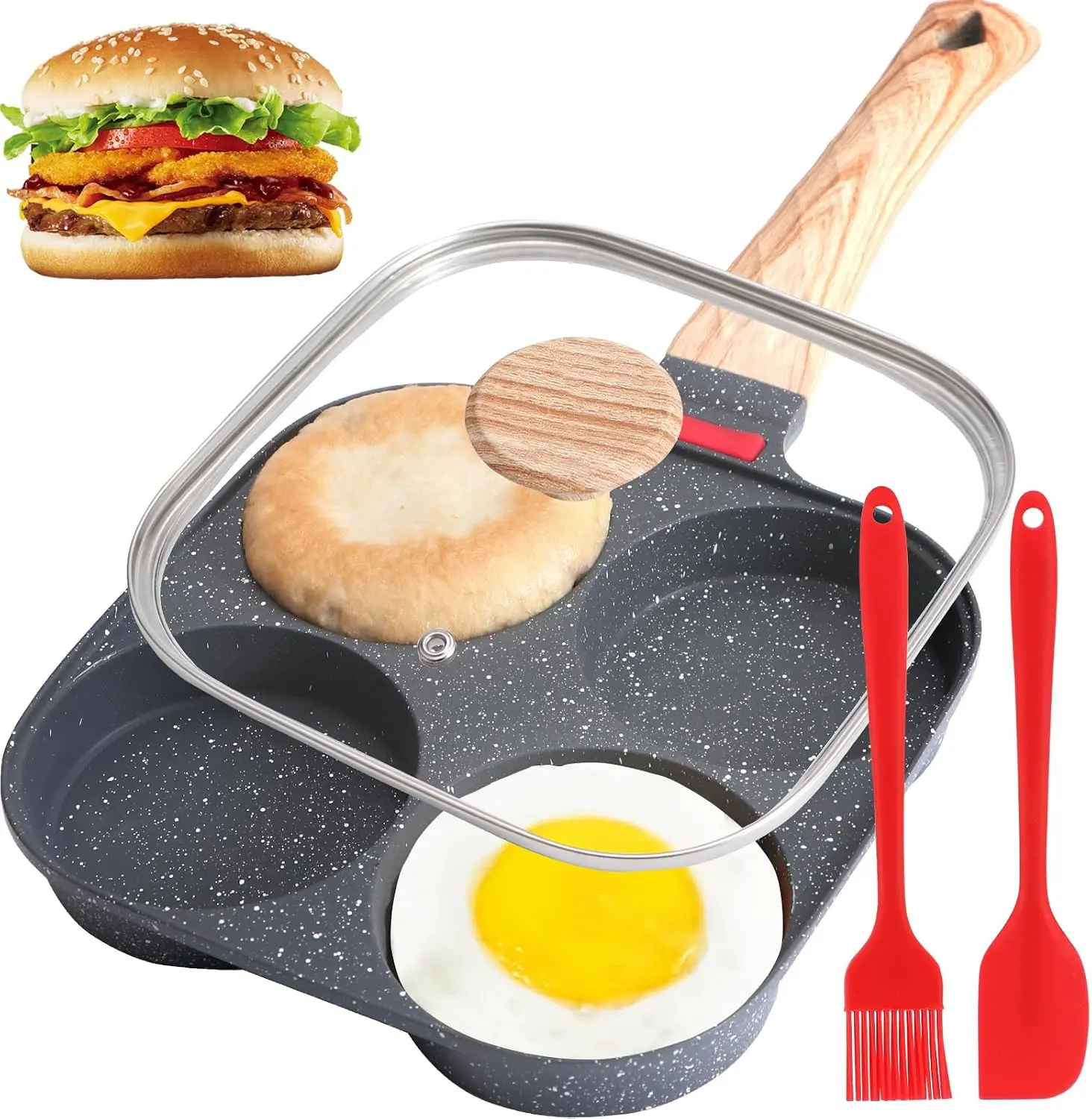 4-Cup Egg Pan Nonstick, Omelette Pan with Lid, Healthy Breakfast Frying Pan for Egg Sandwich, Hamburger, Pancake, Induction Cookware