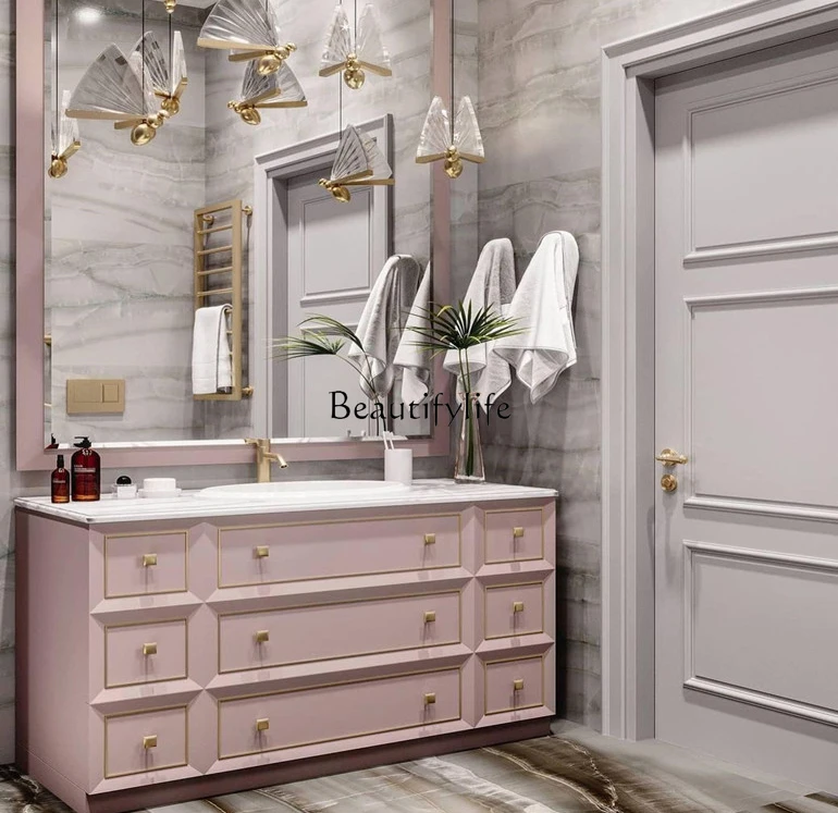 

Modern American Solid Wood Bathroom Cabinet Combination Bathroom Floor Washbasin Sink Marble Bathroom Cabinet