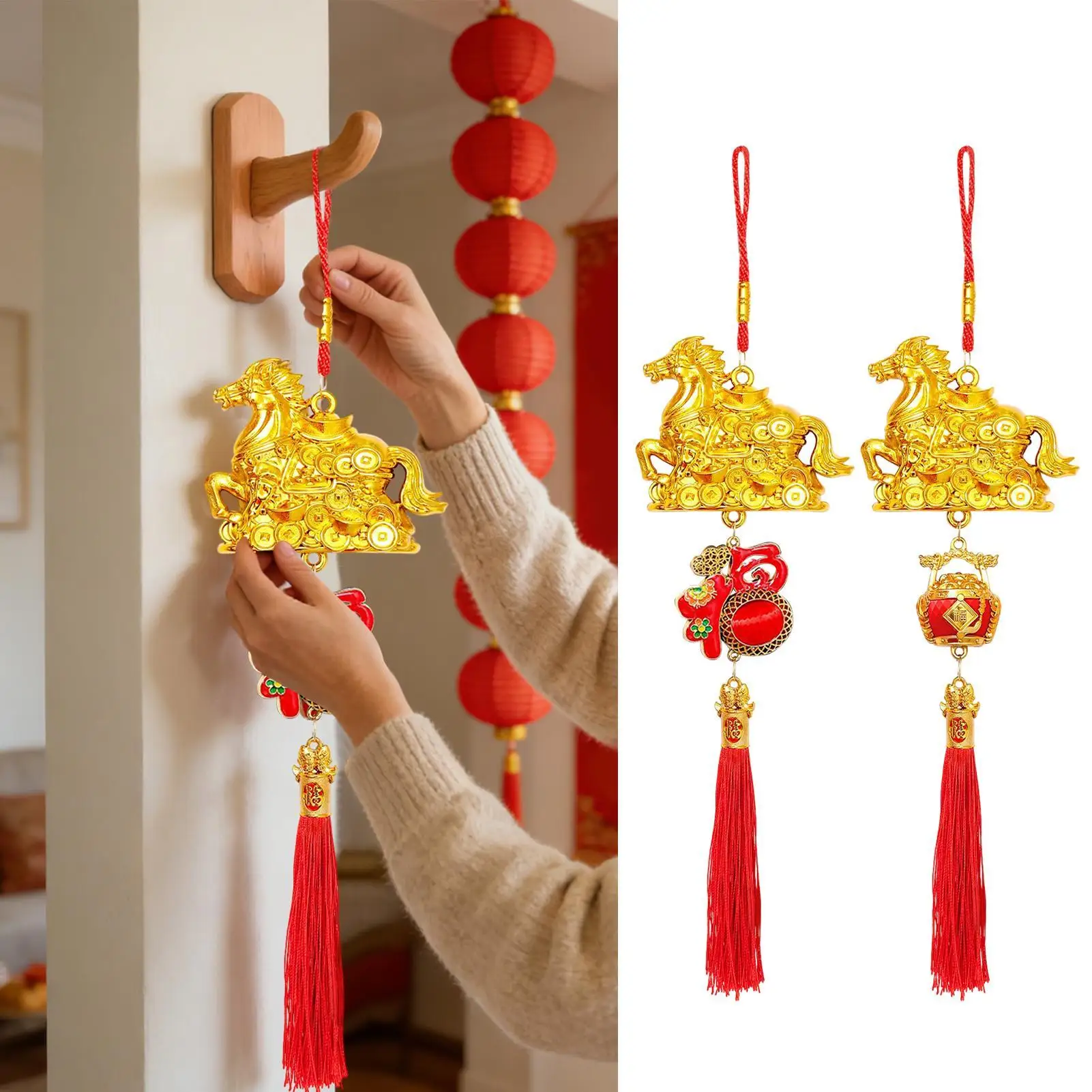 Red Gold Color Spring Festival Pendant with Tassel Plastic Horse Year Pendant Good Luck Traditional Zodiacs Horse Pendant