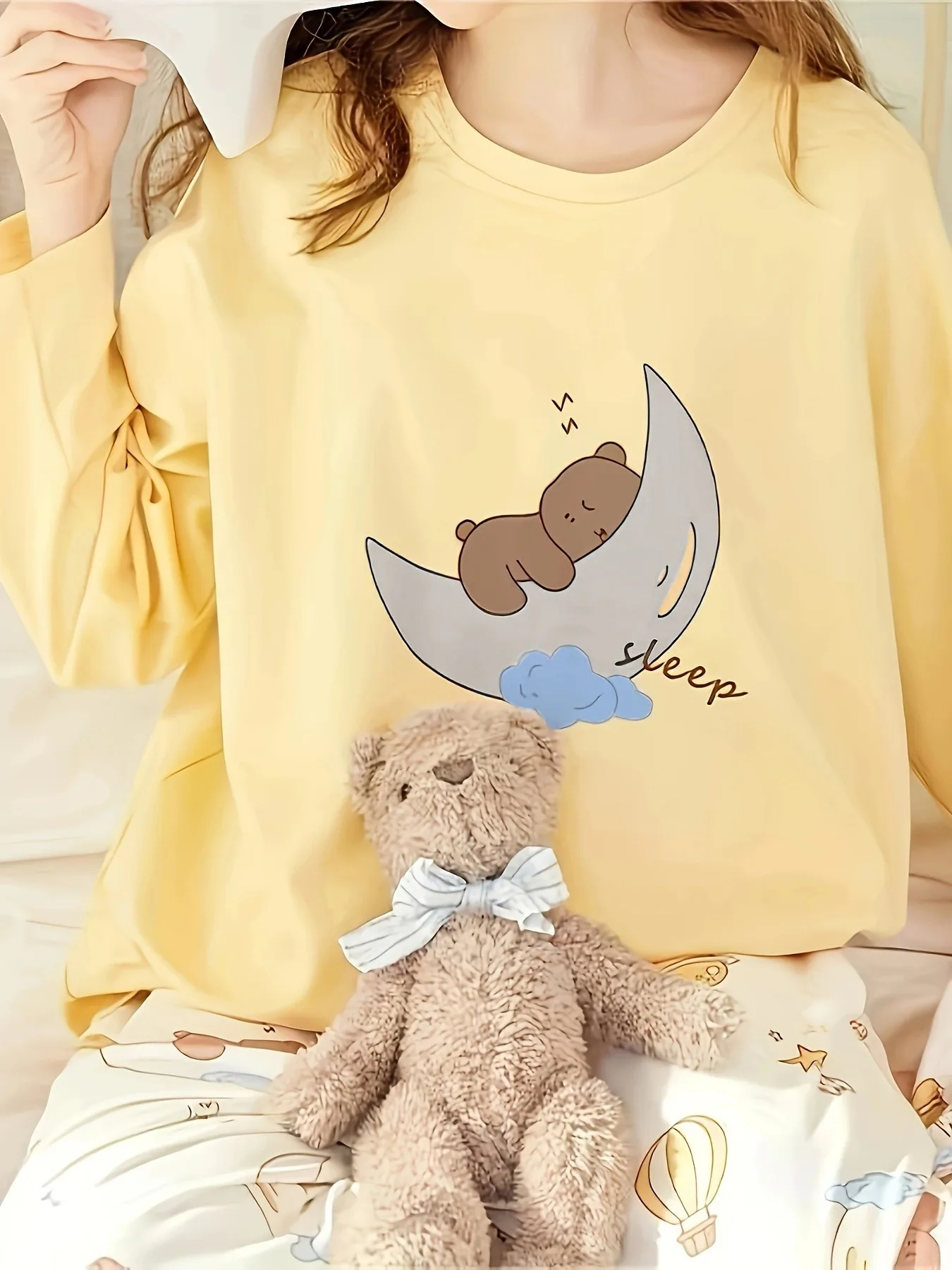 

New Women's 2-Piece Pajama Set - Yellow Top with Moon & Bear Print + Cartoon Pants, Sweet Cute Round-Neck Long-Sleeve Long-Pant